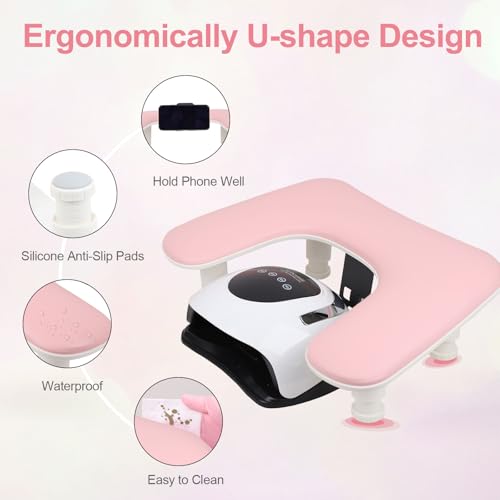 Rolomanve 3rd Gen U-Shaped Nail Arm Rest with Rotating Phone Holder, Pink (With Mat) — Adjustable, Non-Slip Manicure Support