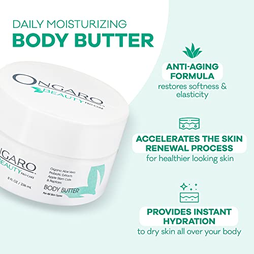Ongaro Beauty - Whipped Body Butter Cream, Organic Shea Butter for Women with Aloe Vera, Plant Stem Cells, Peptides, Hyaluronic Acid, Probiotics, Vitamin C & E, Body Care for Women - 8 Fl Oz