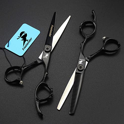 Black 6-Inch Hand Sharpened Hair Cutting Shears Set with Case - Professional Barber Tool - C-Black