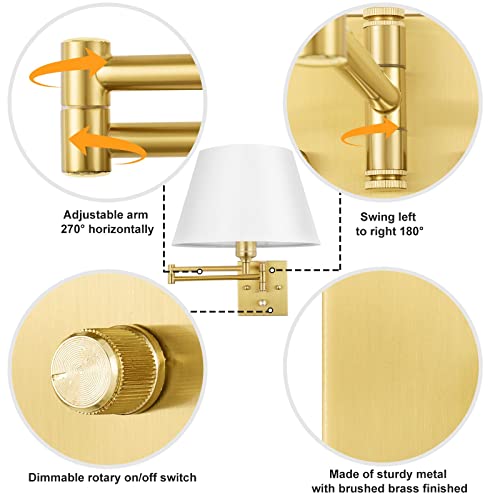 Gold Dimmable Wall Sconce Set of 2 - Large Swing Arm Wall Lights with Plug-In Cord