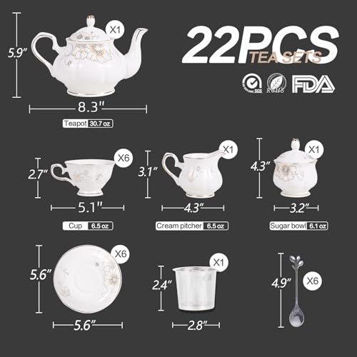 White 22-Piece Porcelain Tea Set with Cups Saucer Teapot Sugar Bowl Creamer for 6