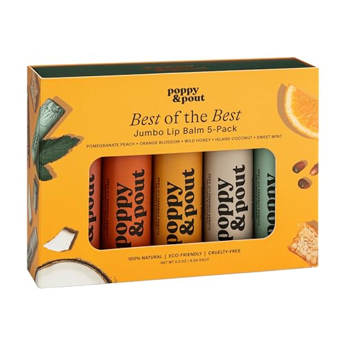Jumbo Lip Balm Gift Set 5-Pack - Poppy & Pout All Natural Lip Balms (Island Coconut, Pomegranate Peach, Sweet Mint, Wild Honey, Orange Blossom) - Cruelty-Free