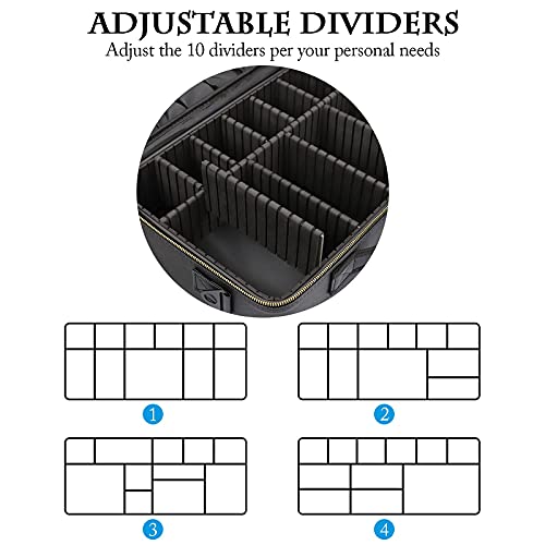 Large Capacity Travel Makeup Case - Black Portable Organizer with Adjustable Dividers and Shoulder Strap