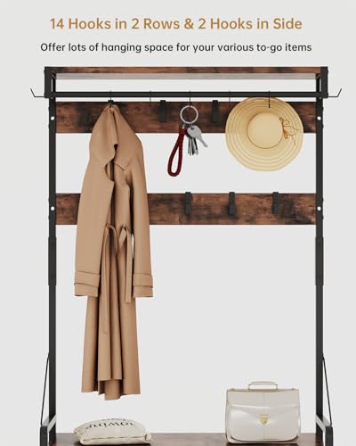 Hall Tree with Bench & Shoe Storage - 16 Hooks, 3 Drawers, Entryway Organizer