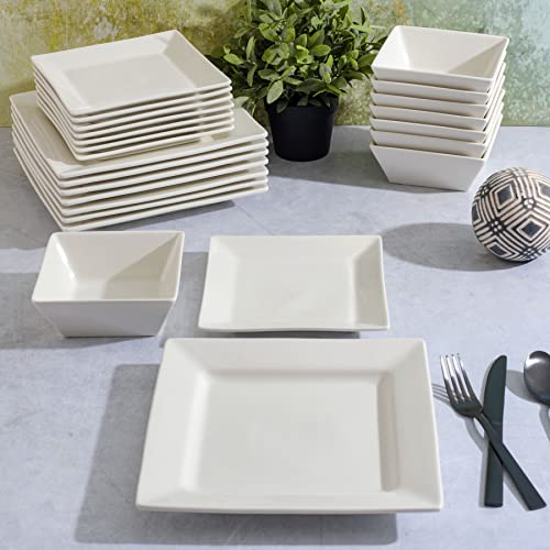 White Square Porcelain Dinnerware Set for 8 - Chip & Scratch Resistant, 24 Pieces