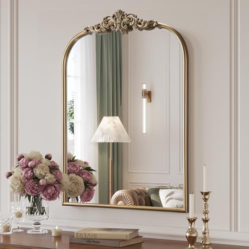 Antique Gold Arch Mirror 24x32 in. with Ornate Metal Frame - Brauthon