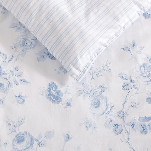 Laura Ashley Belinda Chambray Blue Queen Comforter Set with Shams - Reversible Cotton Bedding