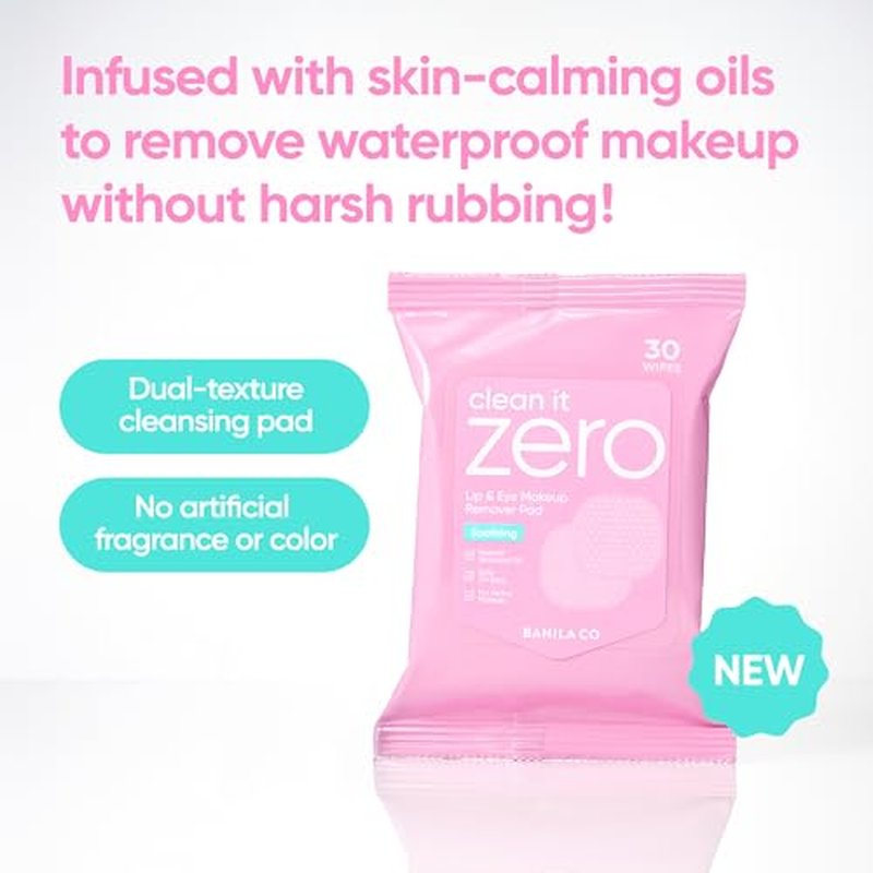 BANILA CO Clean It Zero Soothing Lip & Eye Makeup Remover Pads | Dual-Texture Cleansing Wipes for Waterproof Makeup | Gentle, Refreshing Finish with Natural Oils (30 Pads*2 Pack)