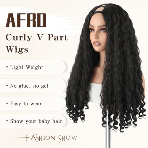 Suntefic Afro Curly V Part Wig 22 Inch Black Synthetic Hair, 180% Density