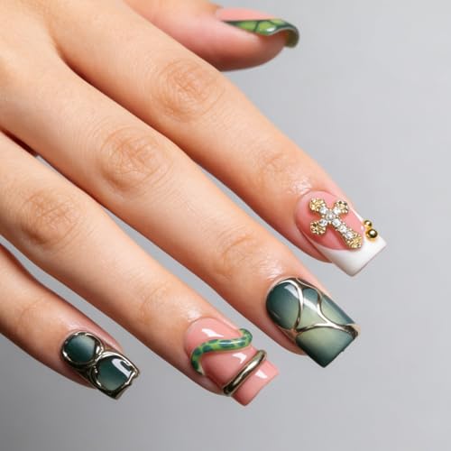OCOUYVD Green Short Square Press On Nails with 3D Silver Embossed Designs and Rhinestones - Muti-Layer Gel Acrylic Fake Nails for Women, 10 Pcs