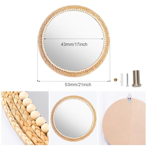 21 Inch Boho Round Wall Mirror with Rattan & Wooden Beads - Farmhouse Decor - Variation: Wood