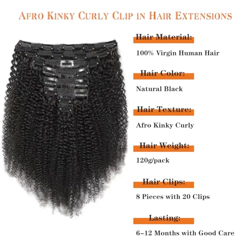 Yacurcur Natural Black Afro Kinky Curly Clip-Ins 24 Inch Human Hair Extensions