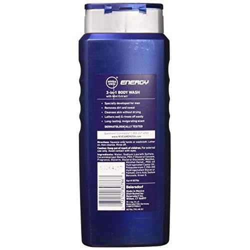 NIVEA FOR MEN 3-in-1 Body Wash Energy 16.90 oz (Pack of 4)