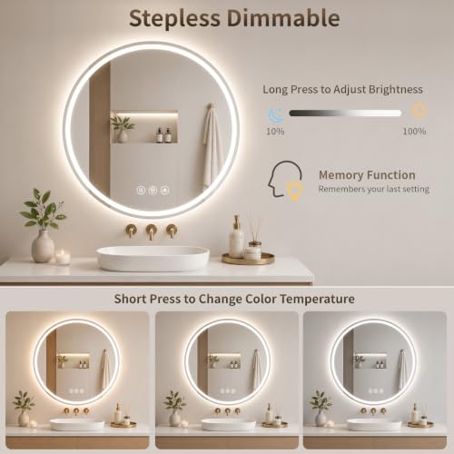 20 Inch Round Frameless LED Bathroom Mirror with Lights & Anti-Fog - Dimmable 3 Color Temp