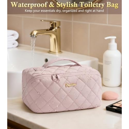 Travel Makeup Bag, 3 Pcs Large Capacity Puffy Toiletry Bag for Women, Open Flat Make up Cosmetic Organizer w/Handle & Clear Divider Water-resistant Portable Pouch Travel Essentials, L-Pink Rose