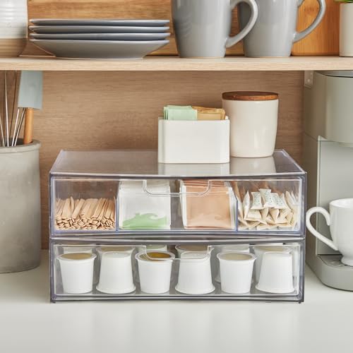 Stackable Plastic Drawer Organizer Set - Clear, 12.5 Inch with Open & Divided Drawers, Multipurpose Office & Home Storage - Variation: Clear Open Divided 2pk