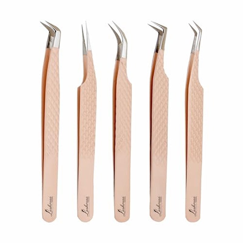 LASHORAA Professional 5pc Lash Extension Tweezers Pack - Fiber Tip Diamond Grip Japanese Steel, Precision Angled Tips - Perfect for Volume & Mega Volume Lashes with Leather Pouch (Peach)