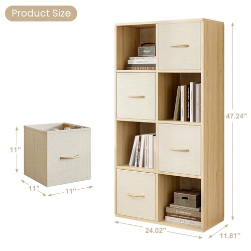 EXPERLAM 8 Cube Storage Organizer with 4 Fabric Bins - Solid Wood Bookcase, Vertical or Horizontal Use