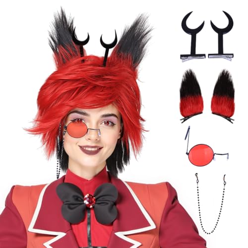 Red and Black Cosplay Wig with Ears, Horns & Glasses for Halloween - Variation of THIS listing
