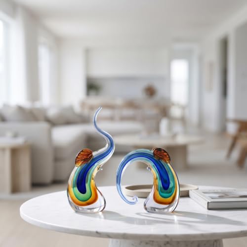 Murano Glass Elephant Statues Set - Hand Blown Blue Art Sculpture for Home & Office Decor