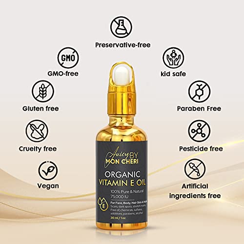 Pure Organic Vitamin E Oil - 1oz Dropper | Soften, Fade Dark Spots & Redness, Scars, stretch marks Improve Texture