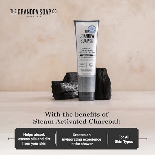 The Grandpa Soap Company Charcoal Cleansing Shower Cream - Clarifies & Restores Congested Pores, With Activated Charcoal & Hemp Seed Oil, Detoxifies, 9.5 Fl Oz, 2 Pack