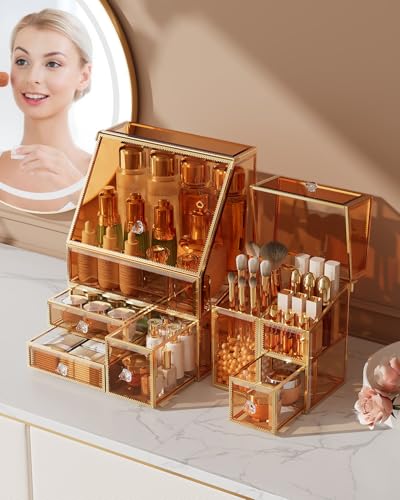 CoralHouse Amber Glass Makeup Organizer Set with Brush Holder & Storage