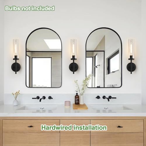 Matte Black & Clear Glass Wall Sconces Set of Two 15.5in Hardwired Bathroom & Living Room Lighting