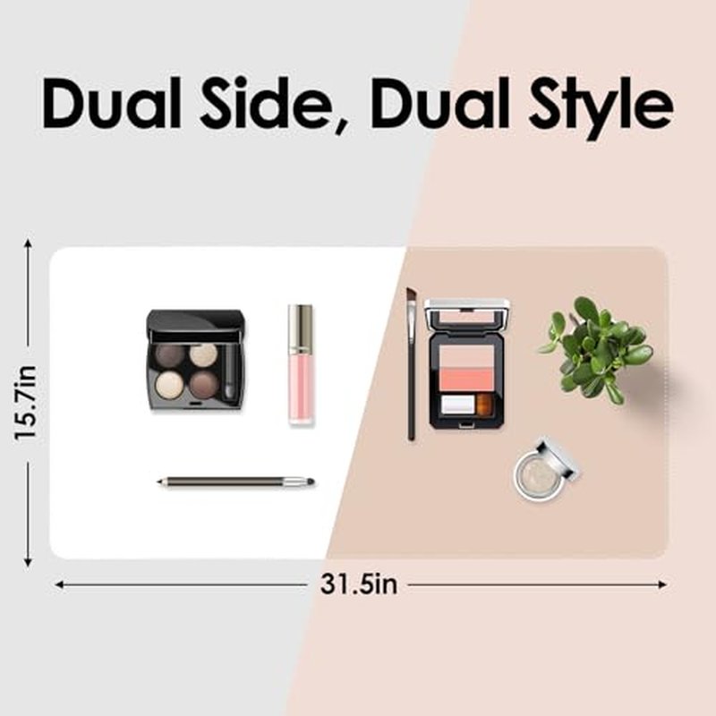 Makeup Mat for Vanity to Protect Desk Top 31.5 x 15.7 in, Dual-Sided Makeup Mat, Easy to Clean Desk Pad - Waterproof and Oilproof Vanity Accessories (White and Khaki)