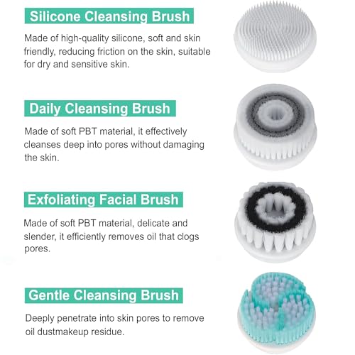 Electric Face Cleansing Brush with 4 Heads & 2 Speeds - Green - Waterproof & Rechargeable
