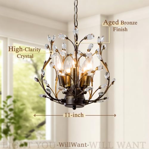 Vintage 5 Light Crystal Chandelier D11.1 - Aged Bronze Tree Branch Design, Adjustable Length, WillWant