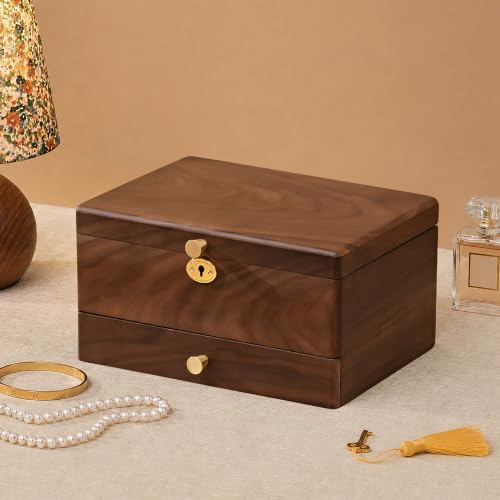 Vwixkuxx Lockable Black Walnut Jewelry Box – 3 Layer Full Locking Organizer for Women