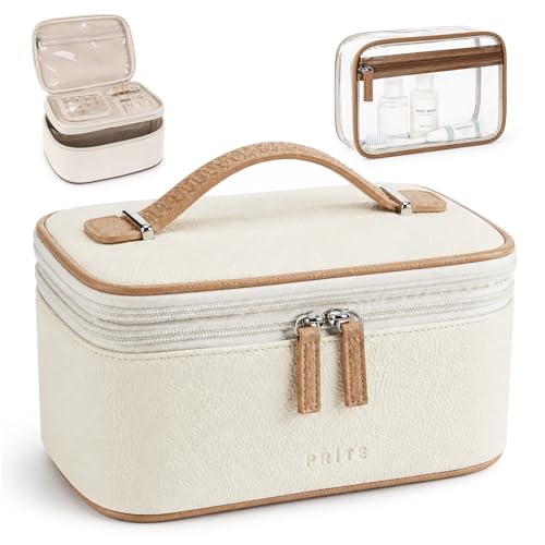 Prite 2-Piece Makeup Bag Set with Clear Toiletry Bag - Beige Travel Organizer