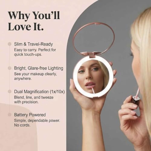 Fancii LED Lighted Travel Makeup Mirror, 1x/10x Magnification - Daylight LED, Compact, Portable, Large 5" Wide Illuminated Folding Mirror - Lumi (Rose Gold)