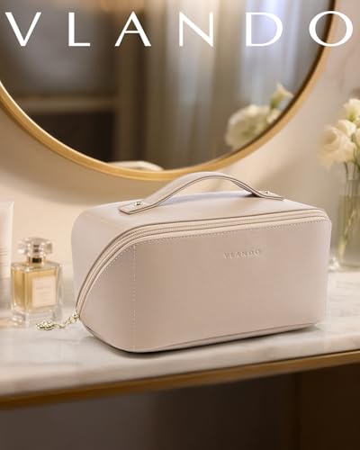 VLANDO Toffee Travel Makeup Bag with 180° Opening Women Toiletry Case