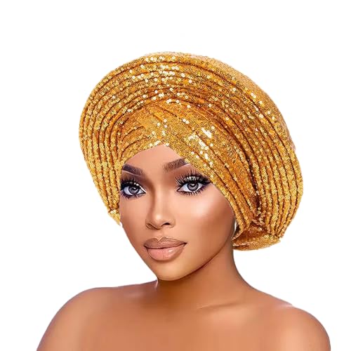African Ladies Headscarf with Sequins and Shiny Auto Gele Head Tie - Gold Pack of 1