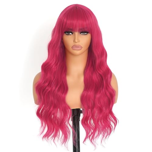 Pink Long Loose Wavy Wig with Bangs - 24 Inch Synthetic Heat-Resistant Hairpiece - Variation: Pink 1