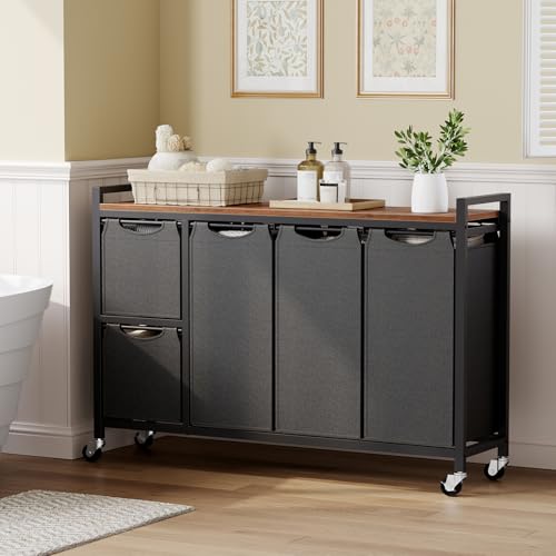 HOOBRO Laundry Sorter with 5 Compartments & Removable Bags, Rustic Brown, 170L Capacity