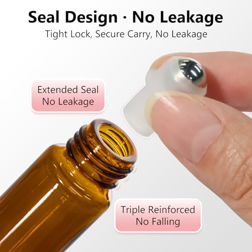 KEYWING 10ml Amber Glass Roller Bottles for Essential Oils - 54 Pack, Includes Dropper & Spare Balls