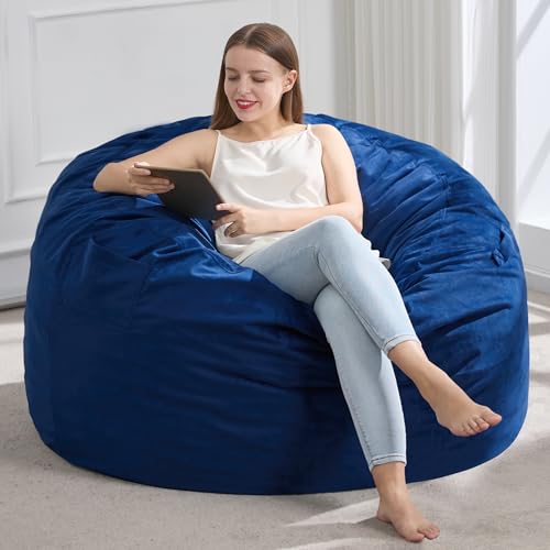 Hobestluk Blue Large Velvet Bean Bag Chair for Adults with Memory Foam Filling
