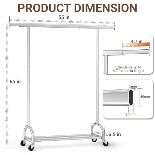 SpaceHidden 65-Inch Chrome Heavy Duty Rolling Clothes Rack, Supports 380 lbs