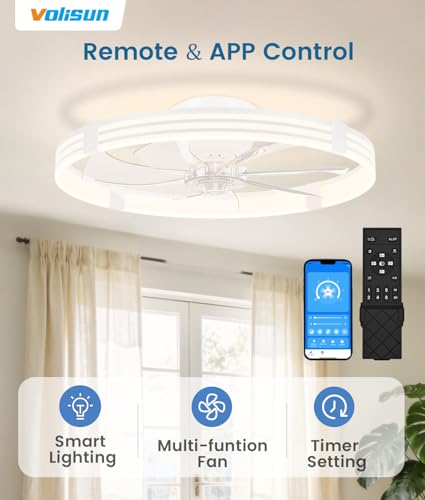 White 24 Inch Low Profile Ceiling Fan with Lights and Remote - Dimmable LED Flush Mount Fan for Bedroom