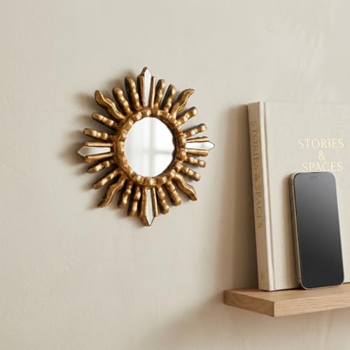 Handmade Small Round Wall Mirror with Bronze Leaf Finish - 6in Sun-Inspired Wood Mirror for Home Decor (Gold)