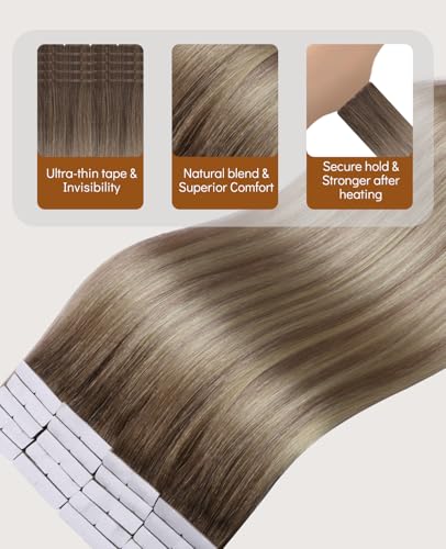 Invisible Tape in Hair Extensions - Real Human Hair, 18 Inch, 50g, #8/60/18 Balayage