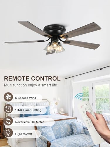 Vintage 52 Inch Flush Mount Ceiling Fan with Lights & Remote - Farmhouse Rustic Style