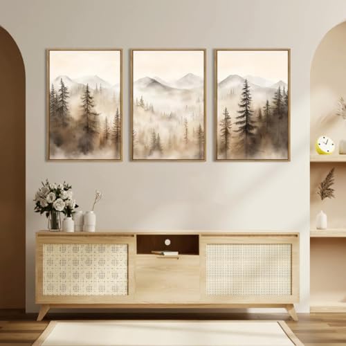 Large Mountain Forest Wall Art Set of 3 - Framed Canvas Prints, 16x24 Inches, Brown Variation