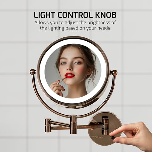 OVENTE Wall Mounted Lighted Makeup Vanity Mirror, 9" Hard Wired Double Sided 1X/7X Magnifying Bathroom Mirror, Dimmable LED Lights, 360¡Æ Rotation and 14" Extendable Arm, Antique Brass MPWD3185AB1X7X