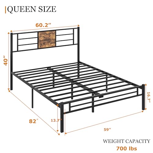 Queen Size Bed Frame with Headboard and Metal Slats - Black & Brown, 1-Pack