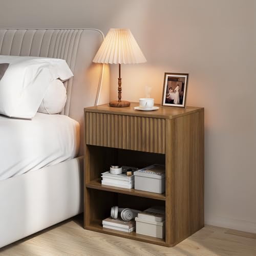 Nightstand Bedside Table with Drawer & Open Shelf - Walnut Brown, Large Mid Century Modern Night Stand with Fluted Wood Storage, Set of 1