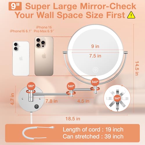 Benbilry 9" Large Wall Mounted Lighted Makeup Mirror, 1X/10X Magnifying 2-Sided AC Plug-in Powered Bathroom Mirror with 3 Color Lights, Touch Dimmable, Extended Arm 360¡Æ Rotation, Chrome